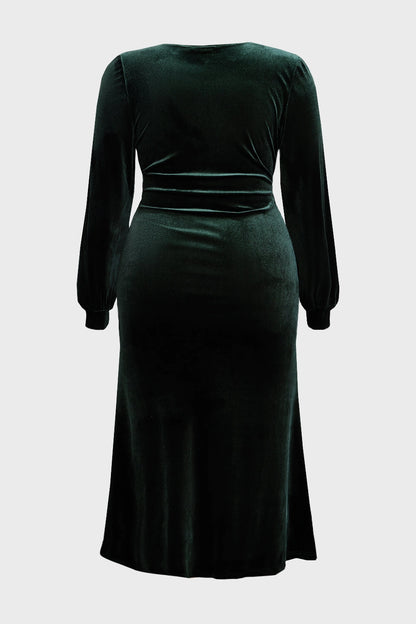 Elegant Sheath V-Neck Lantern-Sleeve Plain-Back Midi Plus Size Mother Of Bride Dress