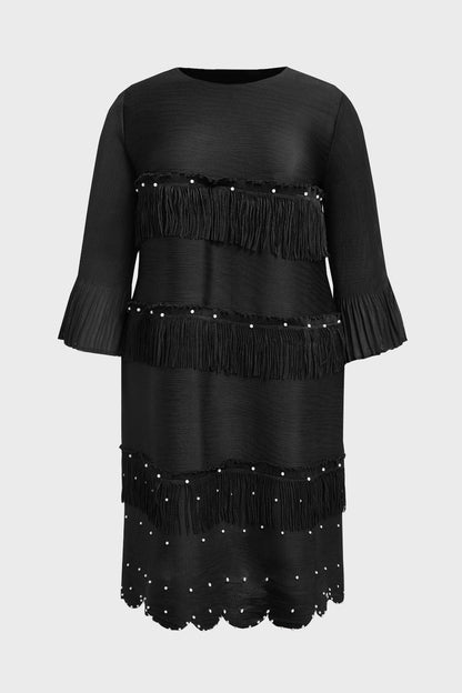 Shift Midi Round-Neck Pleated-Sleeve Solid-Back Midi plus size Mother Of Bride Dress