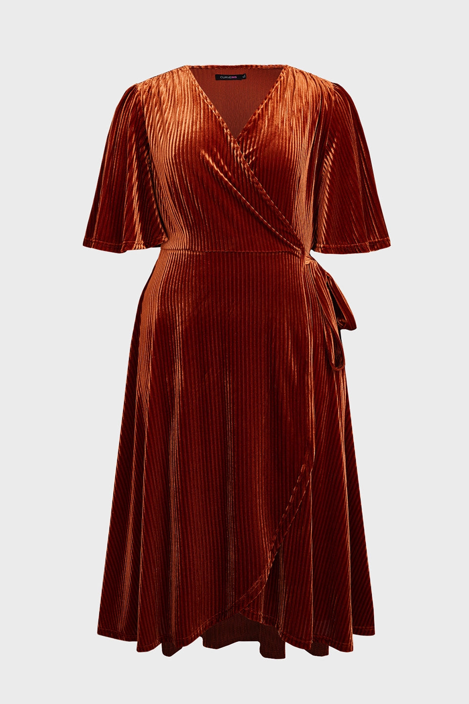 Retro Plus Size Wrap V-Neck Flutter-Sleeve Solid-Back Midi Mother Of Bride Dress
