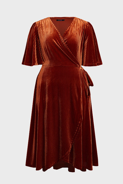 Retro Plus Size Wrap V-Neck Flutter-Sleeve Solid-Back Midi Mother Of Bride Dress
