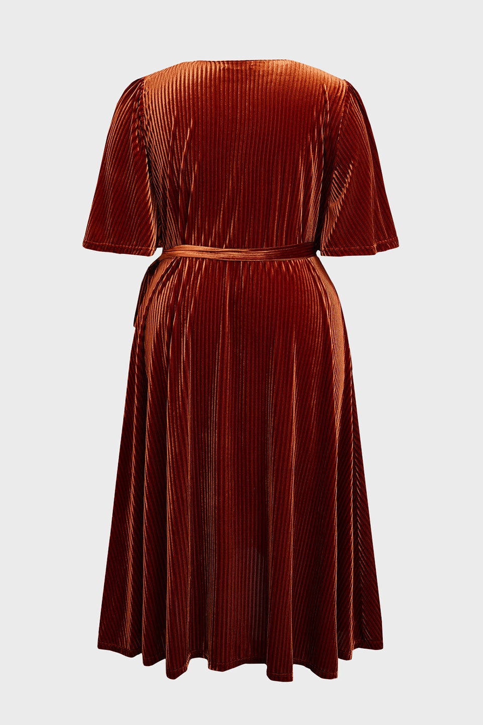 Retro Plus Size Wrap V-Neck Flutter-Sleeve Solid-Back Midi Mother Of Bride Dress
