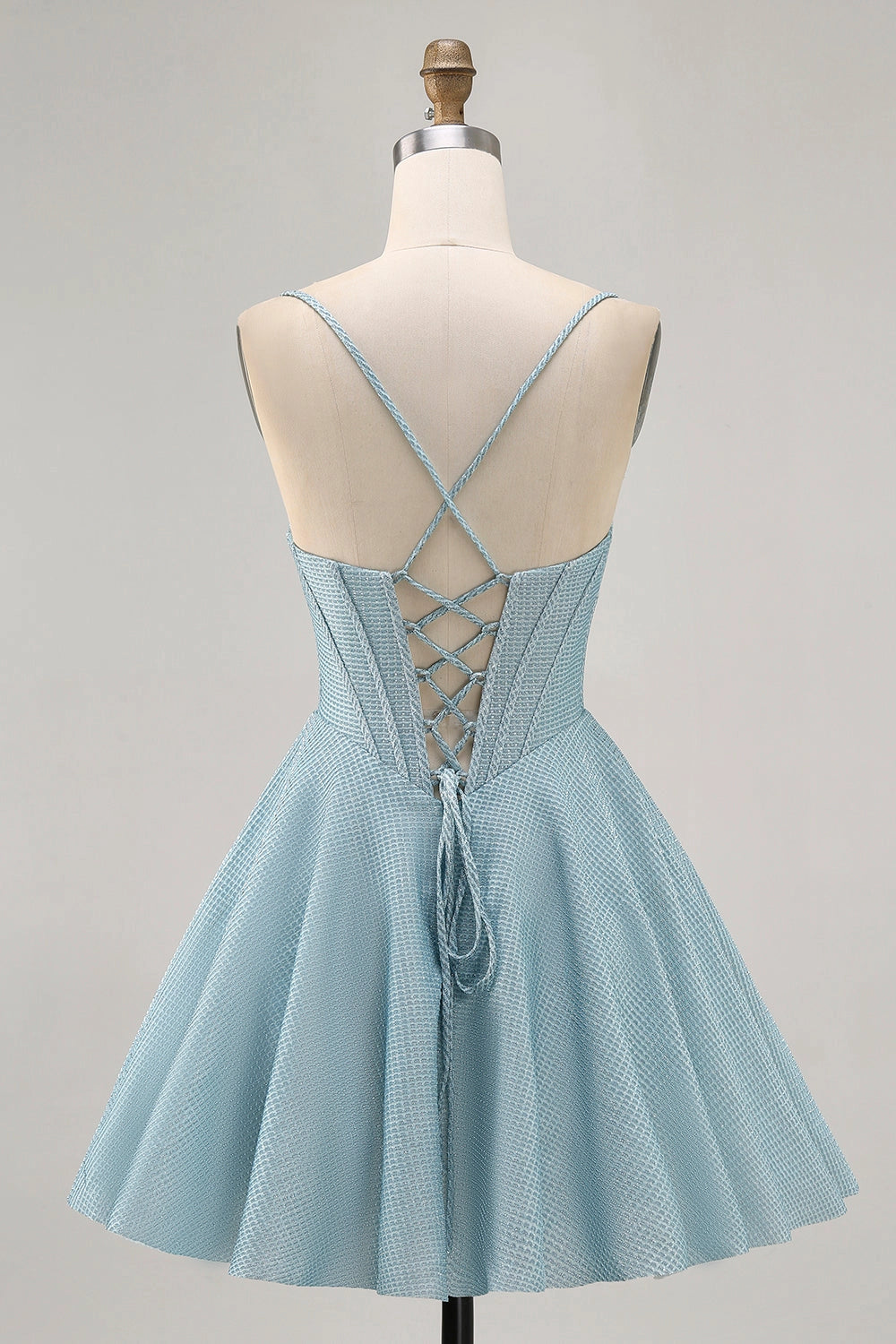 Back view RoselleDress light blue criss cross lace up back corset mini dress homecoming gown