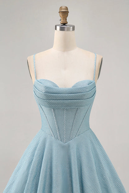 Light Blue A-Line Cowl Spaghetti Strap Lace Up Back Mini Homecoming Dress