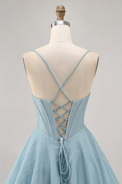 Light Blue A-Line Cowl Spaghetti Strap Lace Up Back Mini Homecoming Dress