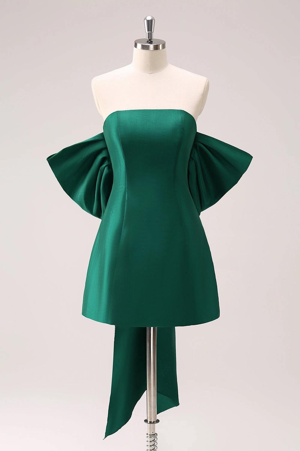 Roselle Dress emerald green structured mini dress strapless off shoulder flounce sleeve homecoming gown front view