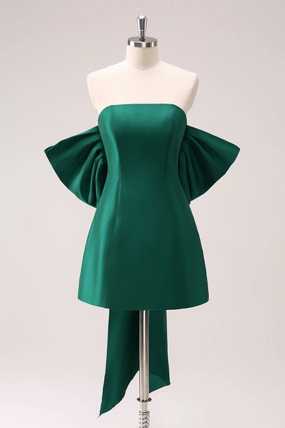 Roselle Dress emerald green structured mini dress strapless off shoulder flounce sleeve homecoming gown front view