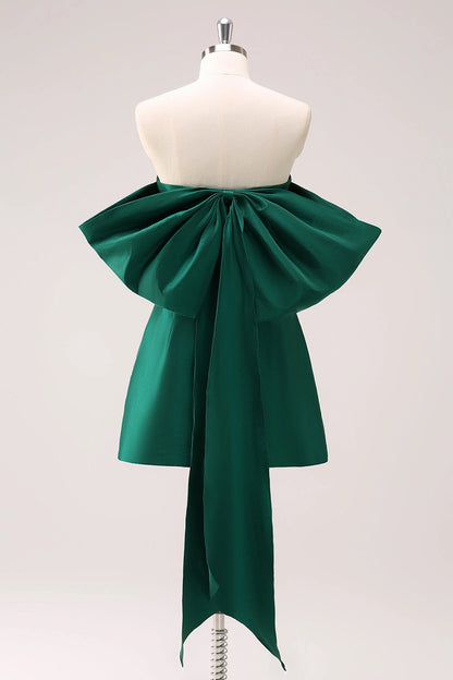 Roselle Dress dark green formal dress strapless oversized giant bow back long sash mini homecoming dress rear view