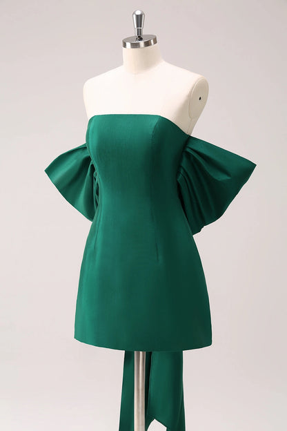 Emerald Green A Line Strapless Off Shoulder Giant Bow Back Mini Homecoming Dress
