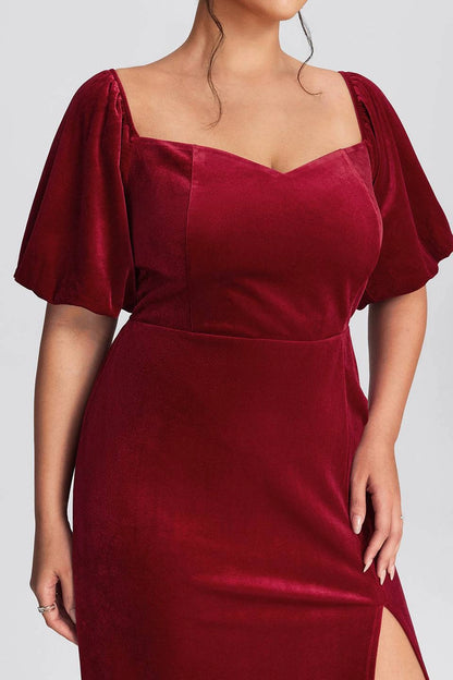 Burgundy Plus Size Sheath Sweetheart Puff‑Short‑Sleeve Smocked‑Back Floor‑Length Prom Dress