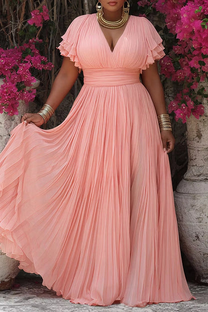 Roselledress Peach A Line V Neck Layered Flutter Sleeve Pleated Chiffon Maxi Plus Size Prom Dress