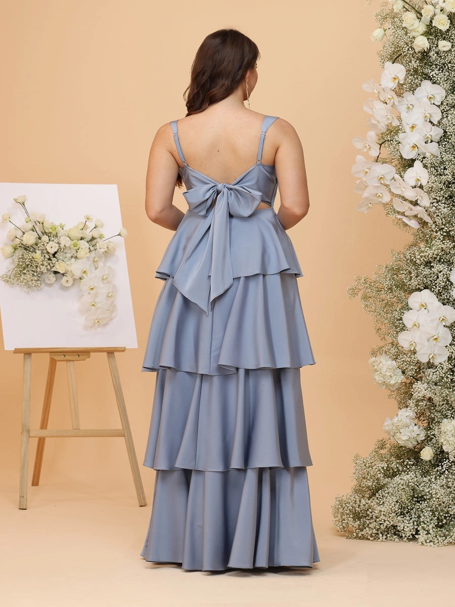 Back view roselledress v‑back bow‑back zip‑back adjustable strap tiered ruffle satin floor‑length plus size bridesmaid gown