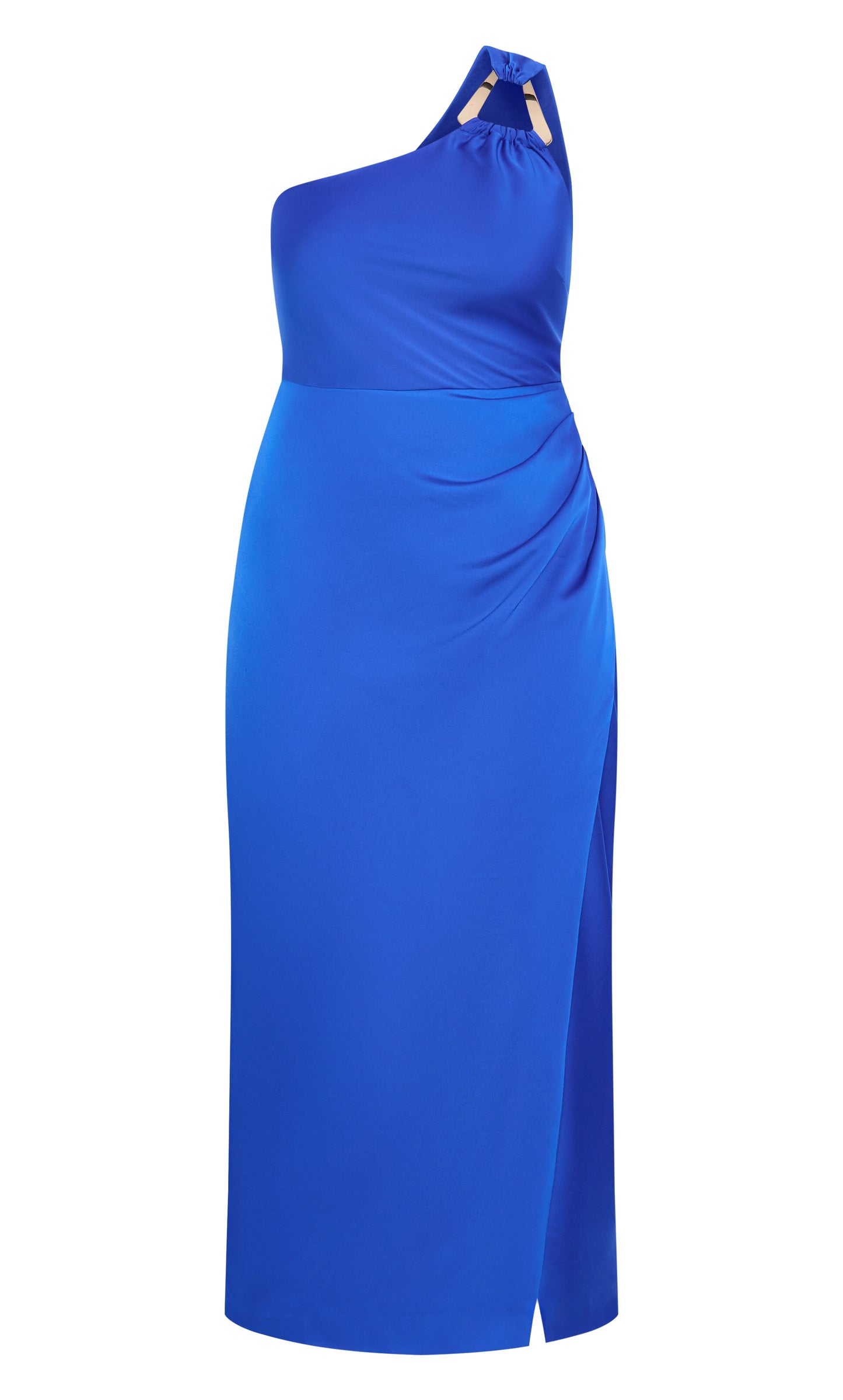 Cobalt Blue One‑Shoulder Hardware Wrap Maxi Plus Size Wedding Guest Dress