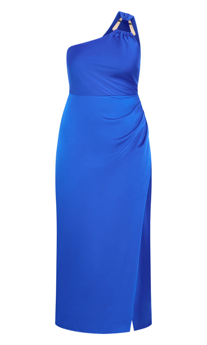 Cobalt Blue One‑Shoulder Hardware Wrap Maxi Plus Size Wedding Guest Dress