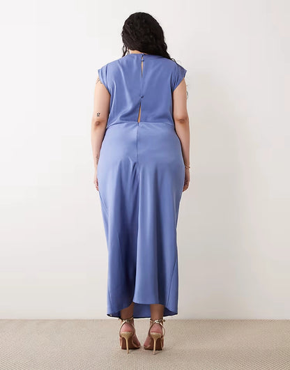 Roselledress plus size blue satin midi dress keyhole button back detail back view
