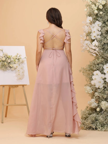 RoselleDress dusty rose maternity bridesmaid dress crisscross lace‑up open back ruffle maxi gown back view