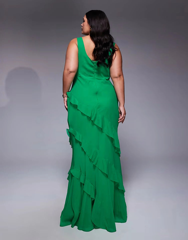 Back view of roselledress vibrant emerald sleeveless ruffled mermaid back‑zip plus size formal evening gown