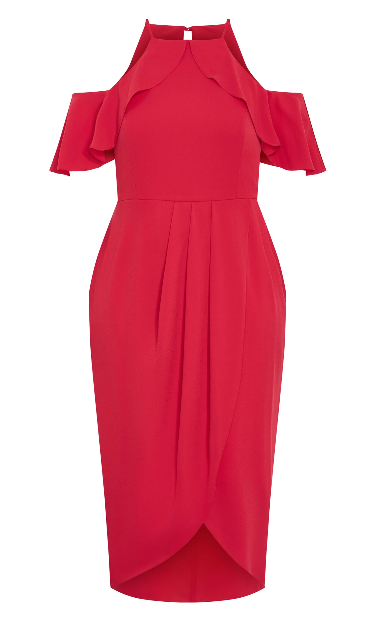 Chic Sheath Halter Cold‑Shoulder Flutter Sleeve Keyhole‑Back Midi Plus Size Wedding Guest Dress