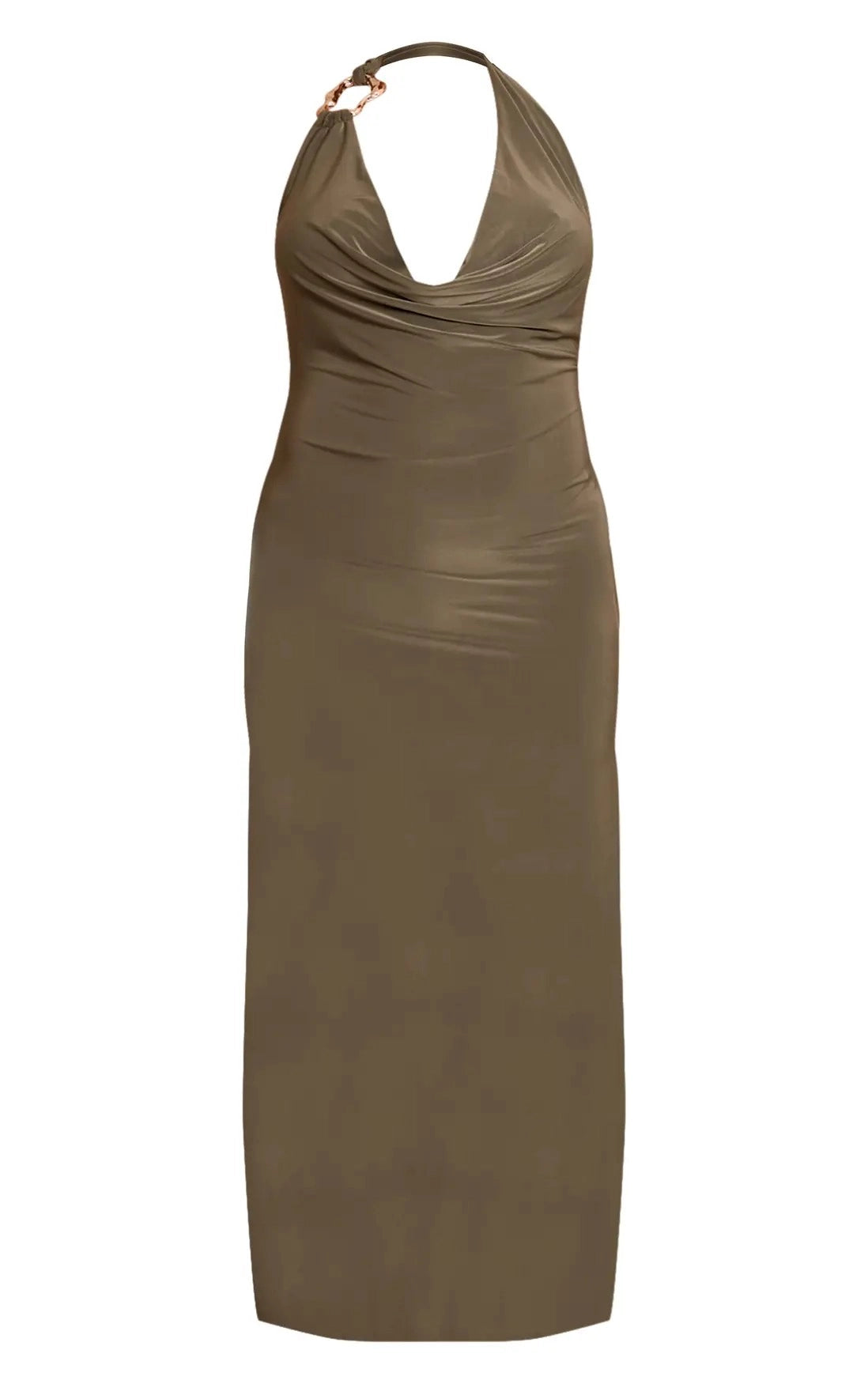 Roselledress Slinky Jersey Halter Cowl‑Neck Chain‑Detail Open‑Back Midi Bodycon Plus Size Wedding Guest Dress