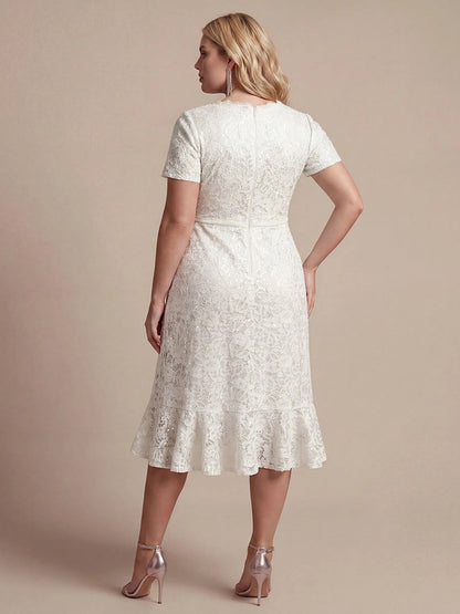 Flattering Wrap V-Neck Short Sleeve Zipper Back Hi-Lo Midi Plus Size Prom Dress 