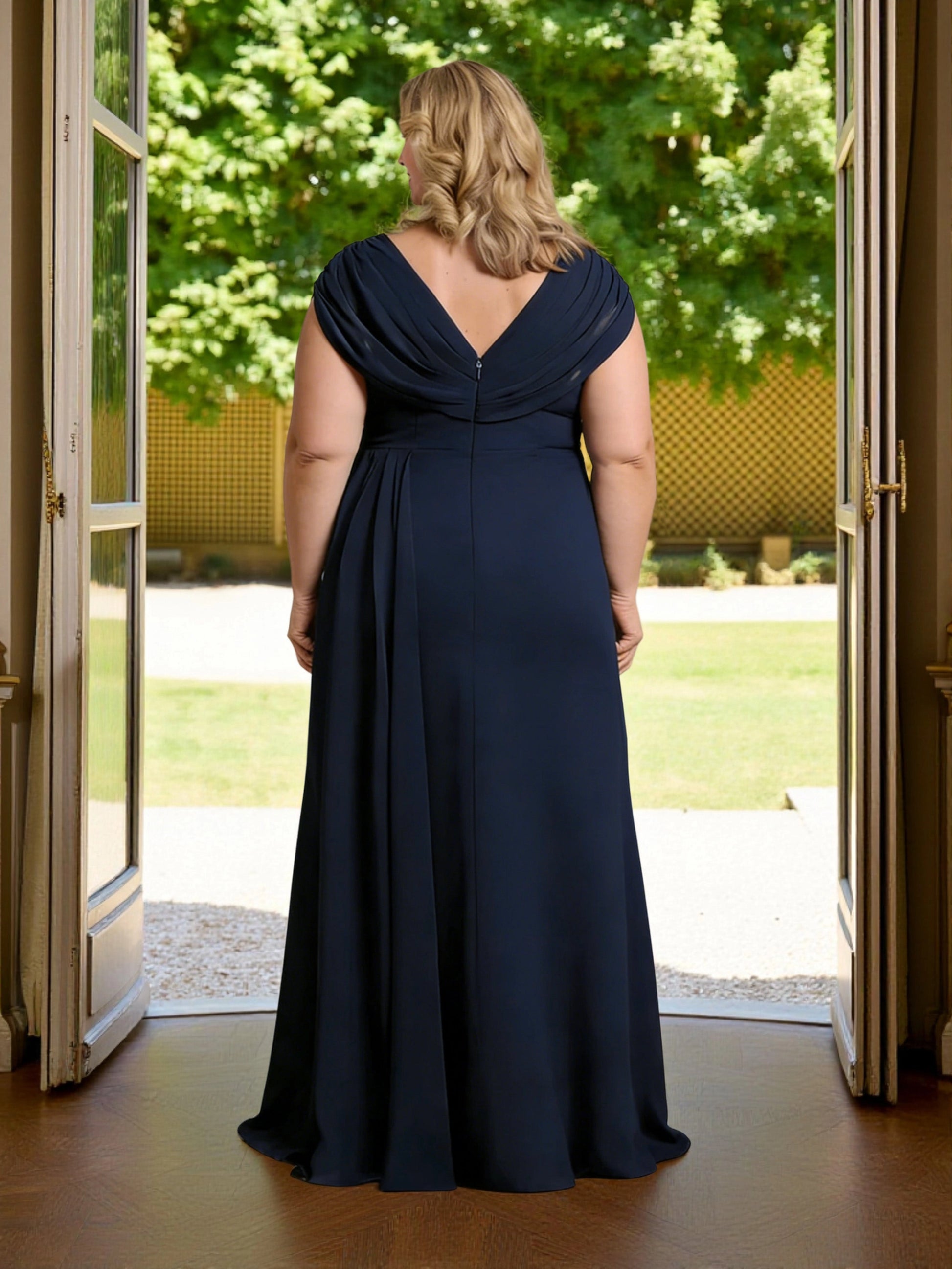 Roselledress navy chiffon evening gown draped v‑back cap sleeve floor‑length plus size mother dress back view
