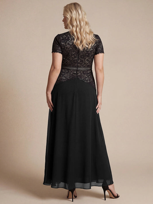 Black plus size evening gown back view, round neck, center back zipper, lace short sleeves and flowing chiffon long skirt
