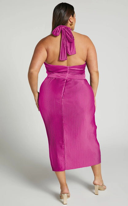 Roselledress satin formal dress plus size tie back halter midi party dress with pockets back view