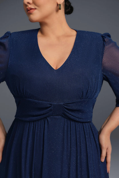 Navy Blue Plus Size A‑Line V‑Neck 3/4‑Sleeve Zip‑Back Midi Prom Dress