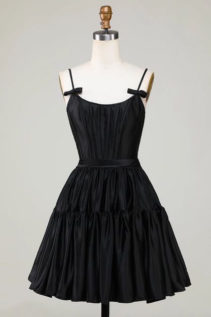 Black A-Line Scoop Spaghetti Strap Lace Up Back Mini Homecoming Dress