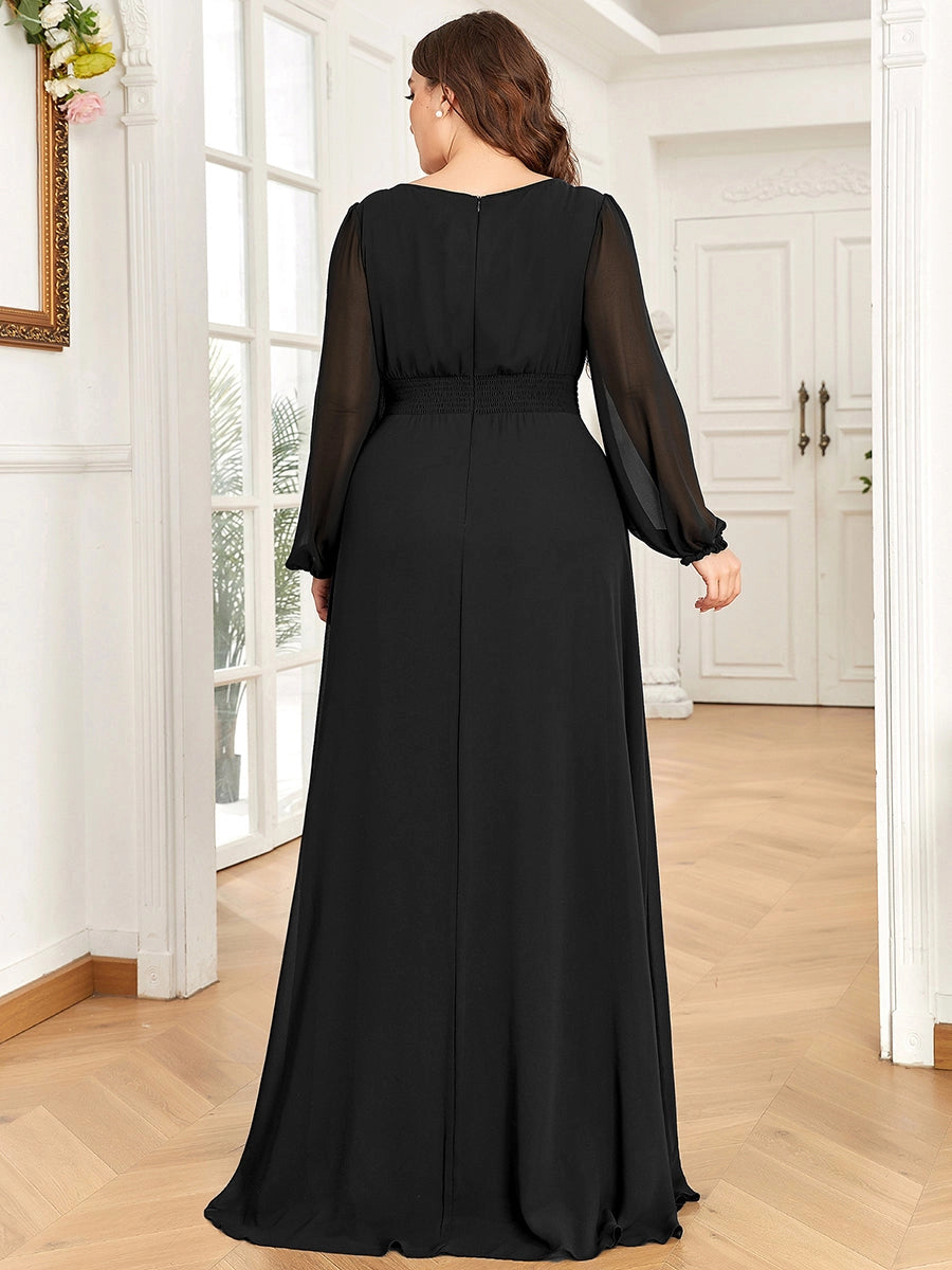 Roselledress Flowy A-Line Scoop-Neck Lantern-Sleeve V-Zip-Back Maxi Plus Size Weeding Guest Dress