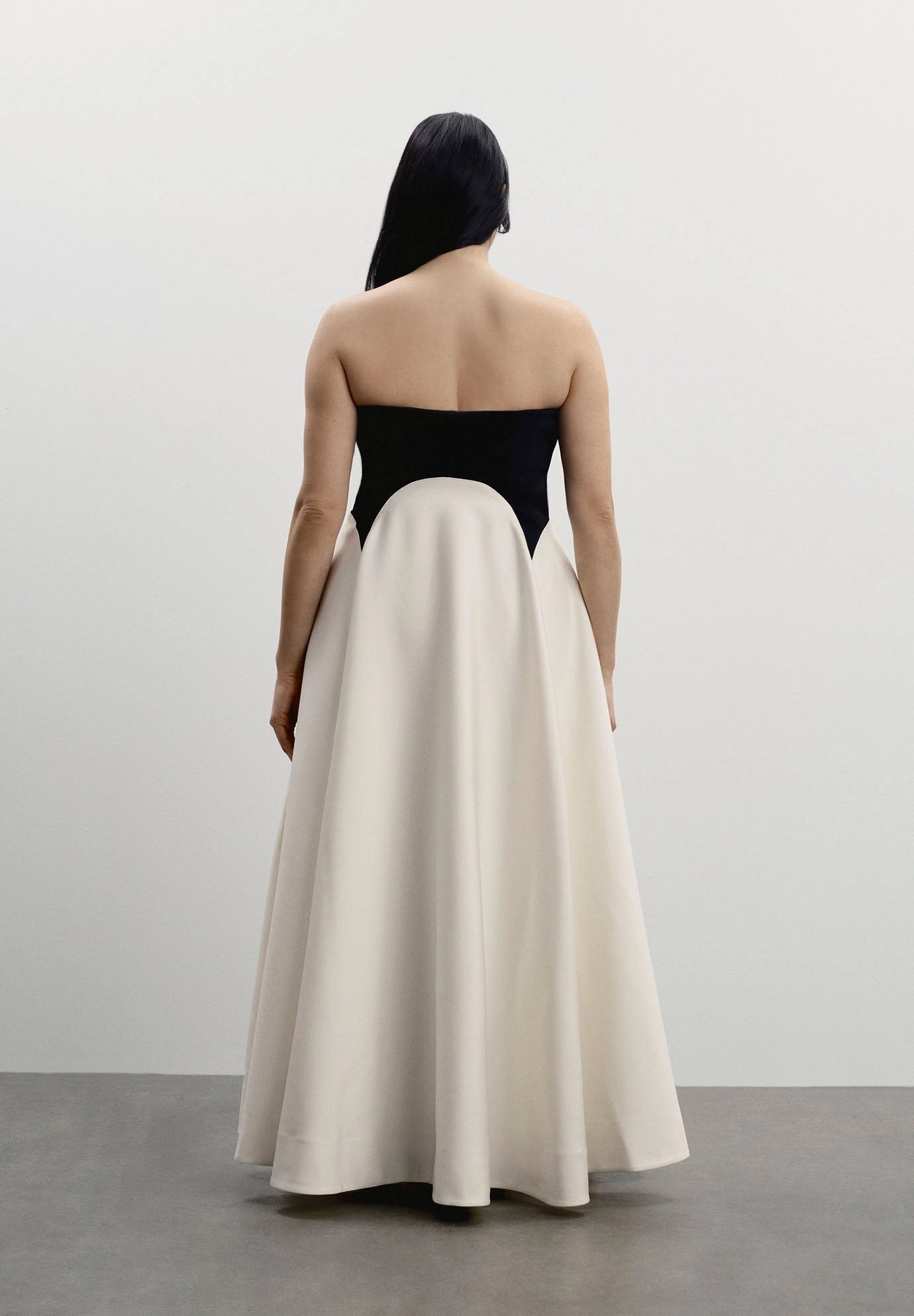 Roselle Dress plus size black‑white color‑block strapless a‑line formal maxi dress back view