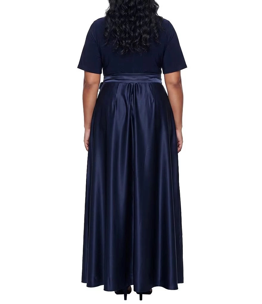Dark Purple Satin Wrap V‑Neck Elbow Length Sleeve Maxi Plus Size Mother of the Bride Dress
