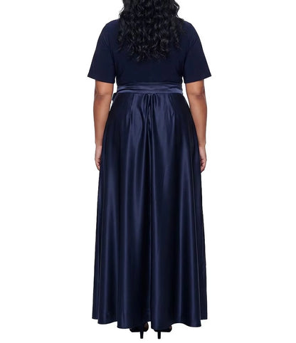 Dark Purple Satin Wrap V‑Neck Elbow Length Sleeve Maxi Plus Size Mother of the Bride Dress