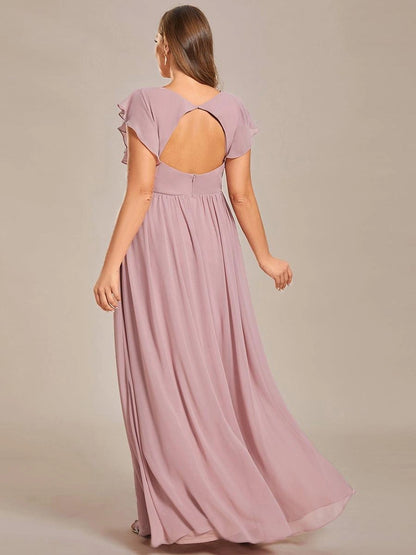 Roselledress Soft Nude Plus Size A Line V Neck Flutter Sleeves Heart Cutout Back Maxi Weeding Guest Dress