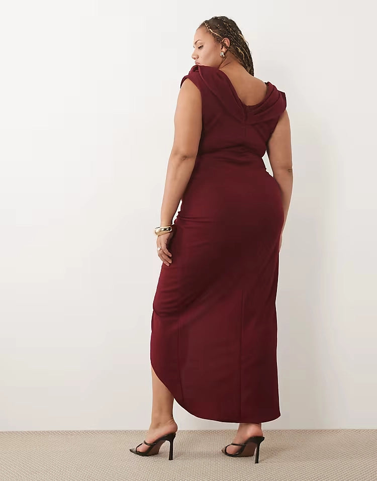 Back view of roselledress wine red cowl‑back draped plus size high‑slit formal wedding guest gown