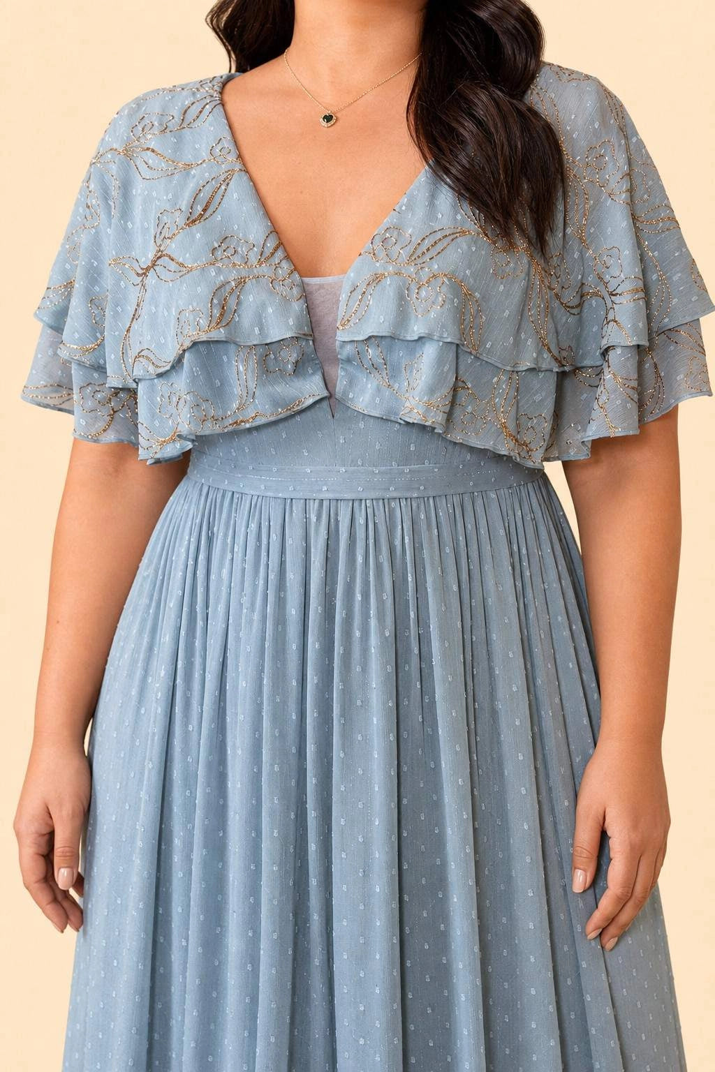 Romantic A Line V Neck Flutter Sleeve V Back Zipper Back Plus Size Chiffon Maxi Prom Dress