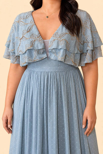 Romantic A Line V Neck Flutter Sleeve V Back Zipper Back Plus Size Chiffon Maxi Prom Dress
