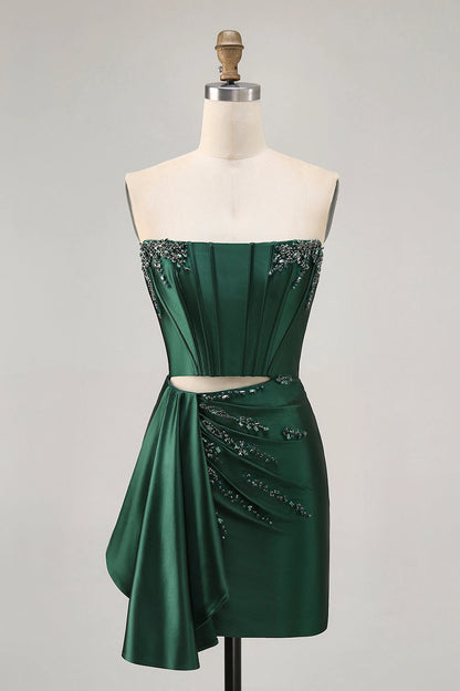 Roselle Dress emerald green satin corset mini dress strapless rhinestone cutout drape homecoming gown front view