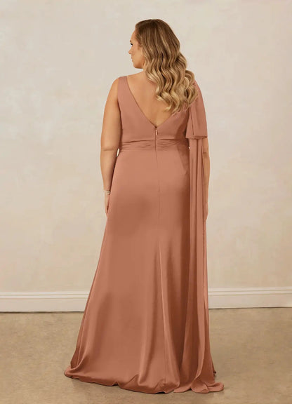 Back view of Roselledress Rose gold plus size deep v back satin bridesmaid dress hidden zipper long draped sleeve evening gown