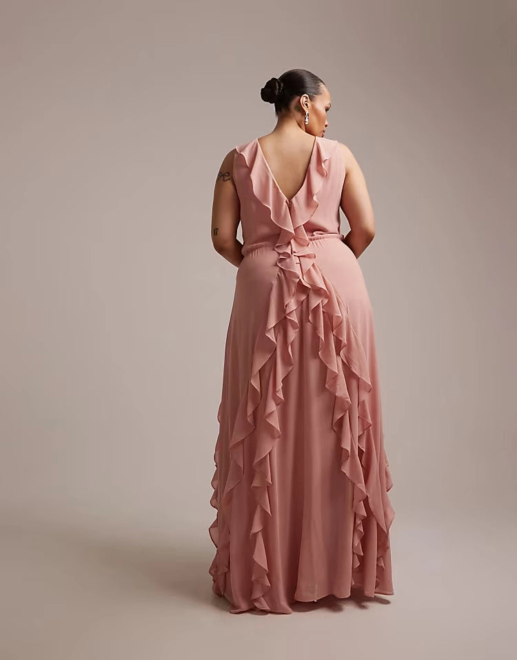 Back view of roselledress mauve pink ruffle‑trim V‑back chiffon plus size bridesmaid formal evening maxi gown
