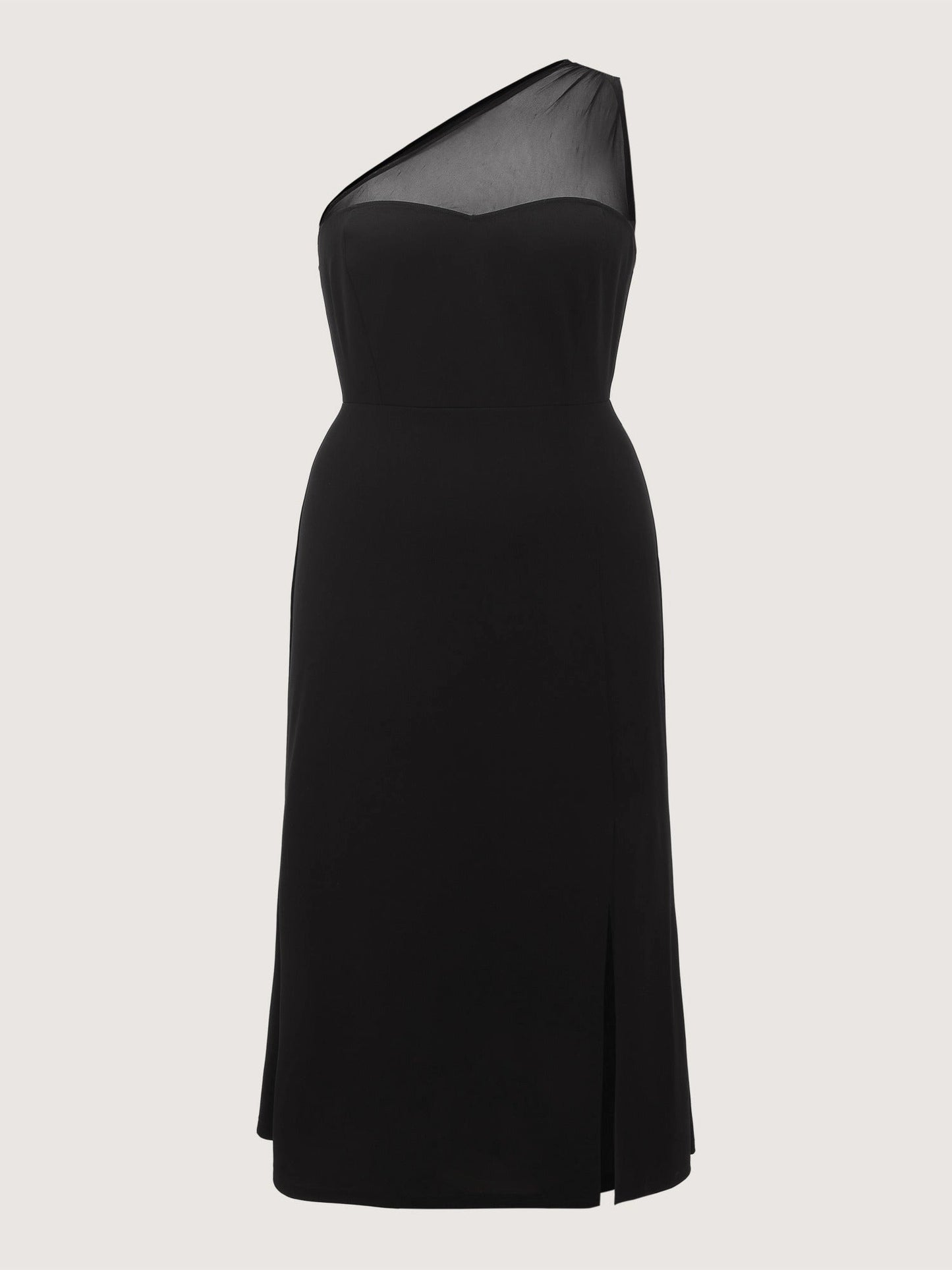 Elegant Sheath One‑Shoulder Sleeveless Mesh Back Midi Plus Size Wedding Guest Dress