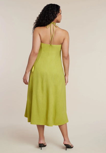 roselledress lime green plus size halter wedding guest dress tie‑back closure back zipper midi dress back view