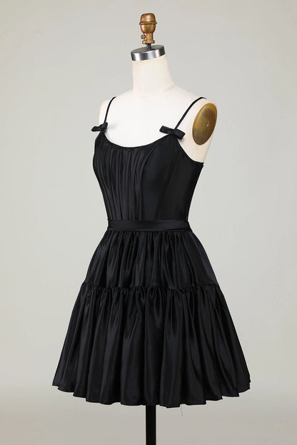 Black A-Line Scoop Spaghetti Strap Lace Up Back Mini Homecoming Dress