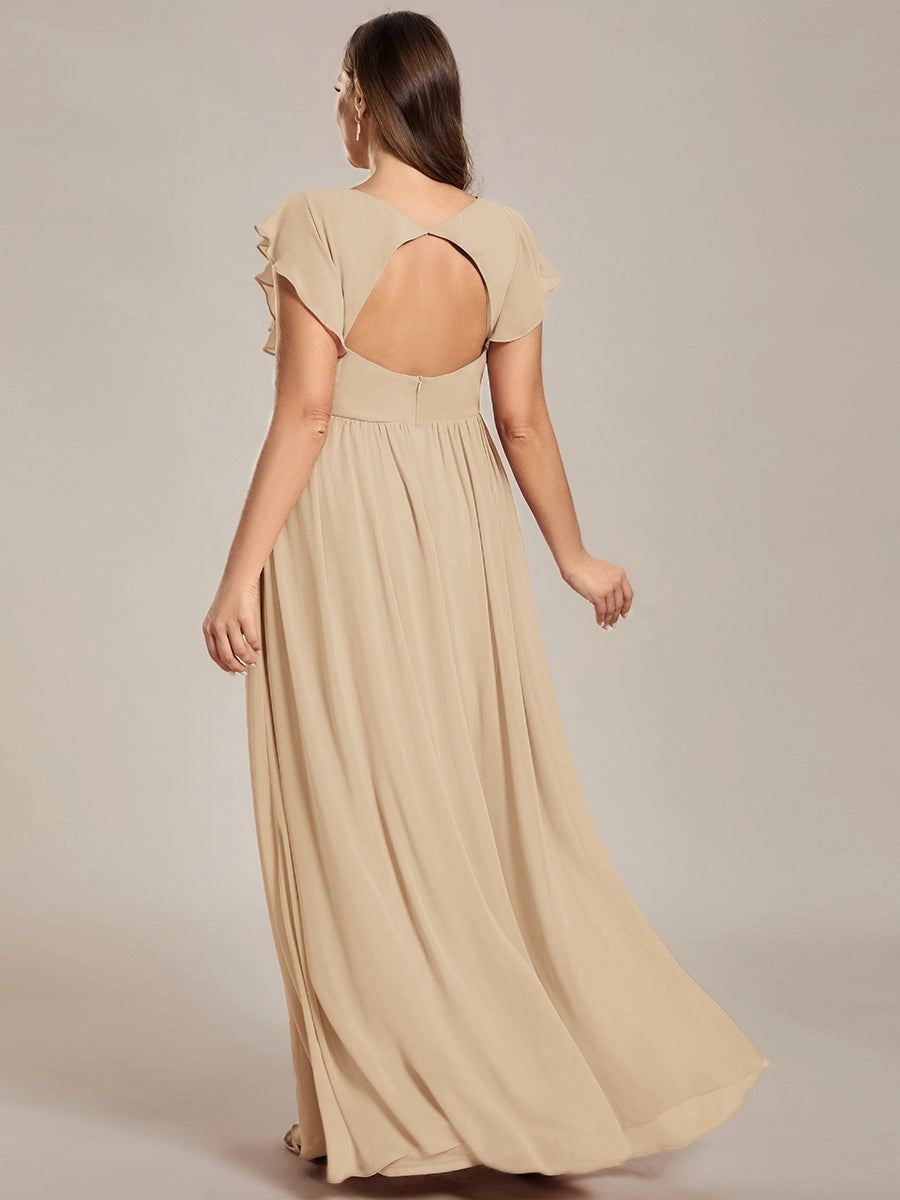 Back view of Roselledress nude plus size heart cutout back bridesmaid dress hidden zipper flutter sleeve long chiffon evening gown