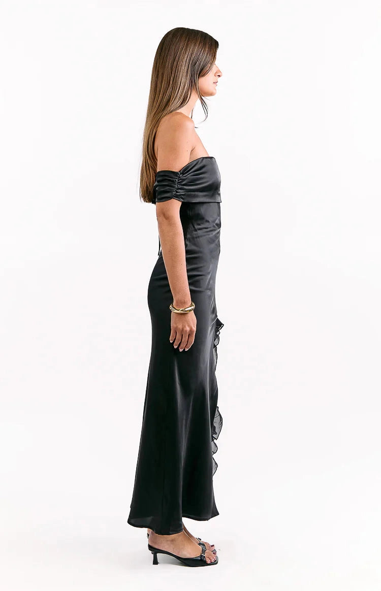Black Mermaid Off Shoulder Tube Tie Back Long Prom Dress