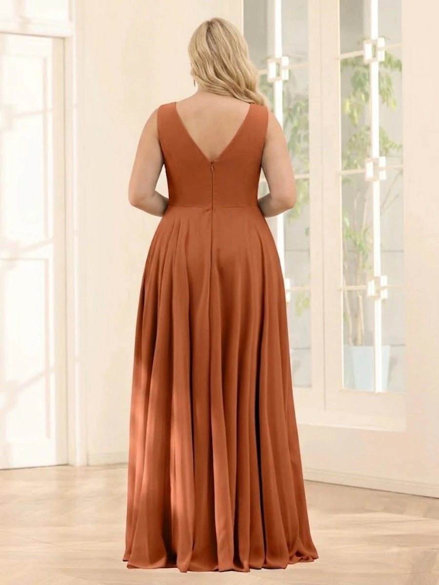 roselledress curvy terracotta bridesmaid dress solid v‑back invisible zipper chiffon long wedding guest dress