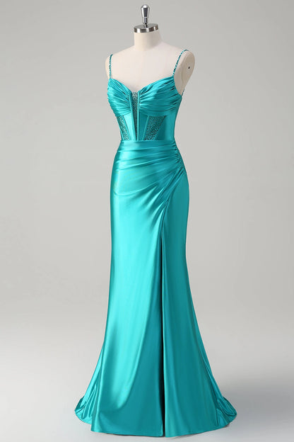 Turquoise Mermaid Sweetheart Spaghetti Lace Up Back Maxi Prom Dress