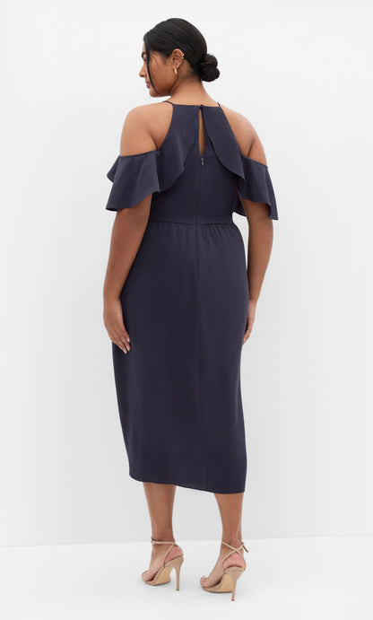 Chic Sheath Halter Cold‑Shoulder Flutter Sleeve Keyhole‑Back Midi Plus Size Wedding Guest Dress
