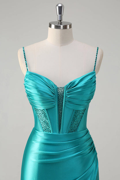 Turquoise Mermaid Sweetheart Spaghetti Lace Up Back Maxi Prom Dress