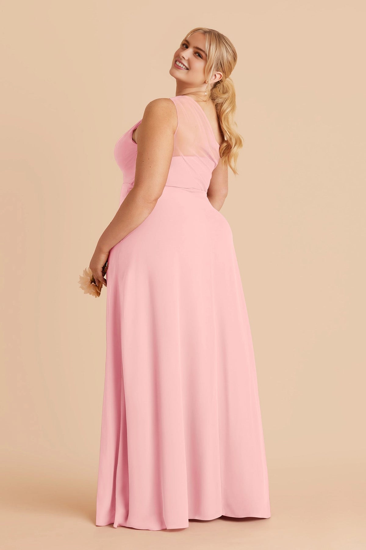 Flowy Chiffon A‑Line One‑Shoulder Sleeveless Mesh Back Slit Maxi Plus Size Bridesmaid Dress