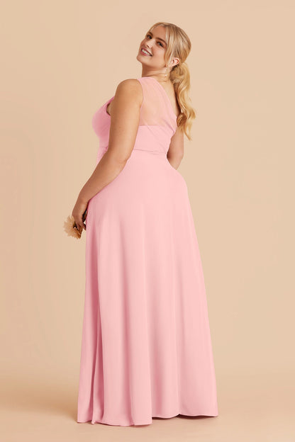 Flowy Chiffon A‑Line One‑Shoulder Sleeveless Mesh Back Slit Maxi Plus Size Bridesmaid Dress